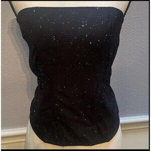 AUDEN Black Rhinestone Sparkle Mesh Corset Top L Y2K Coquette Bustier Festival